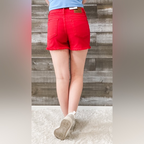 BOLD! judy blue mid rise red garment dyed fray hem cutoff shorts JB150242PL - Picture 7 of 7